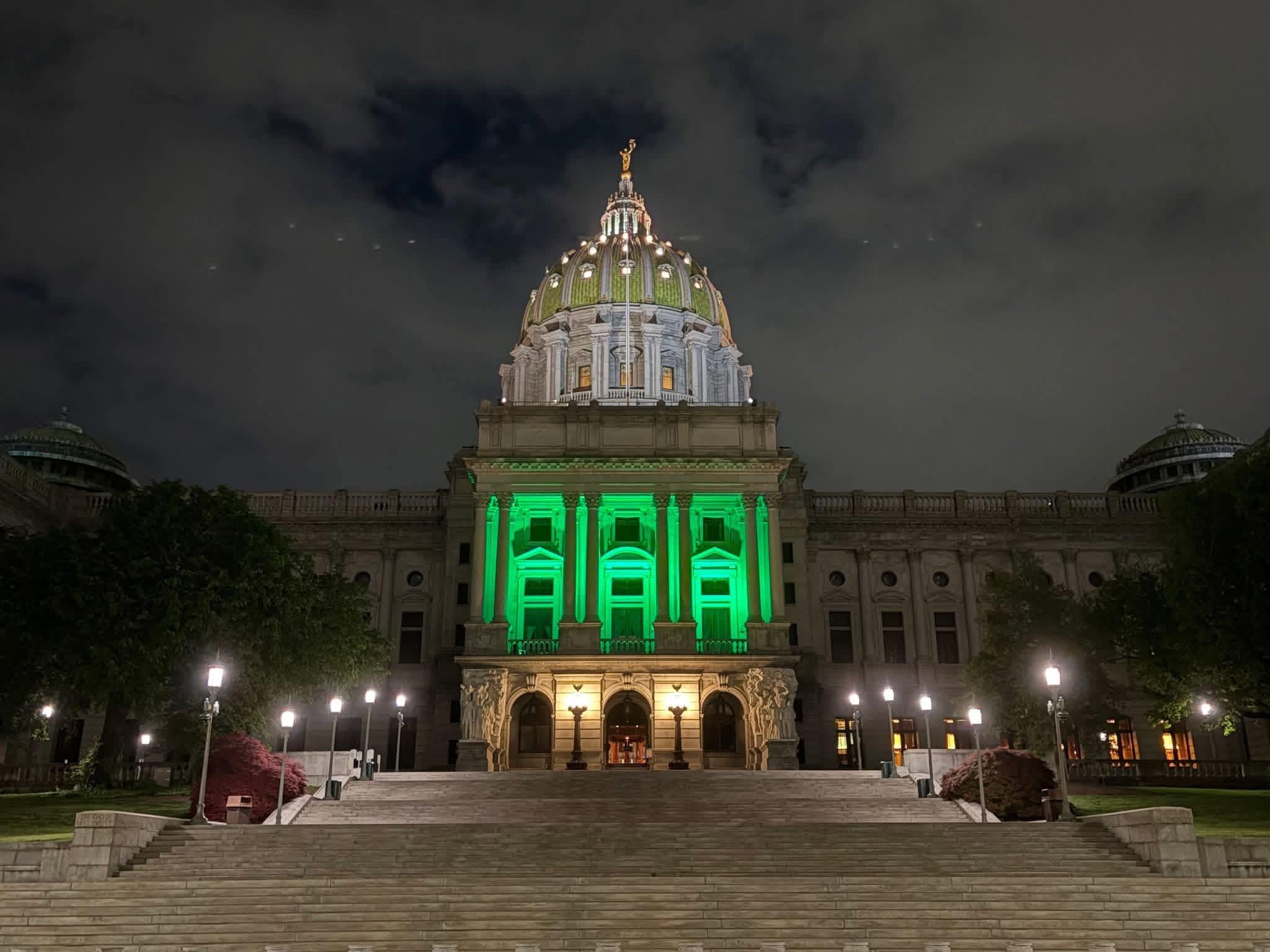 PA State Capitol lit green for mental health awareness